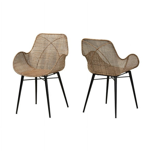 Baxton Studio Ballerina Modern Bohemian Greywashed Rattan and Black Metal 2-Piece Dining Chair Set