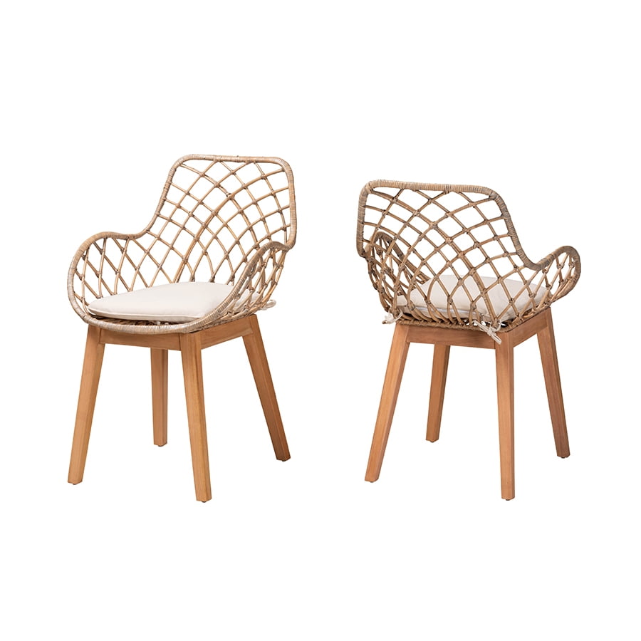 Bohemian Greywashed Rattan and Natural Brown Dining Chair Set with Cushions