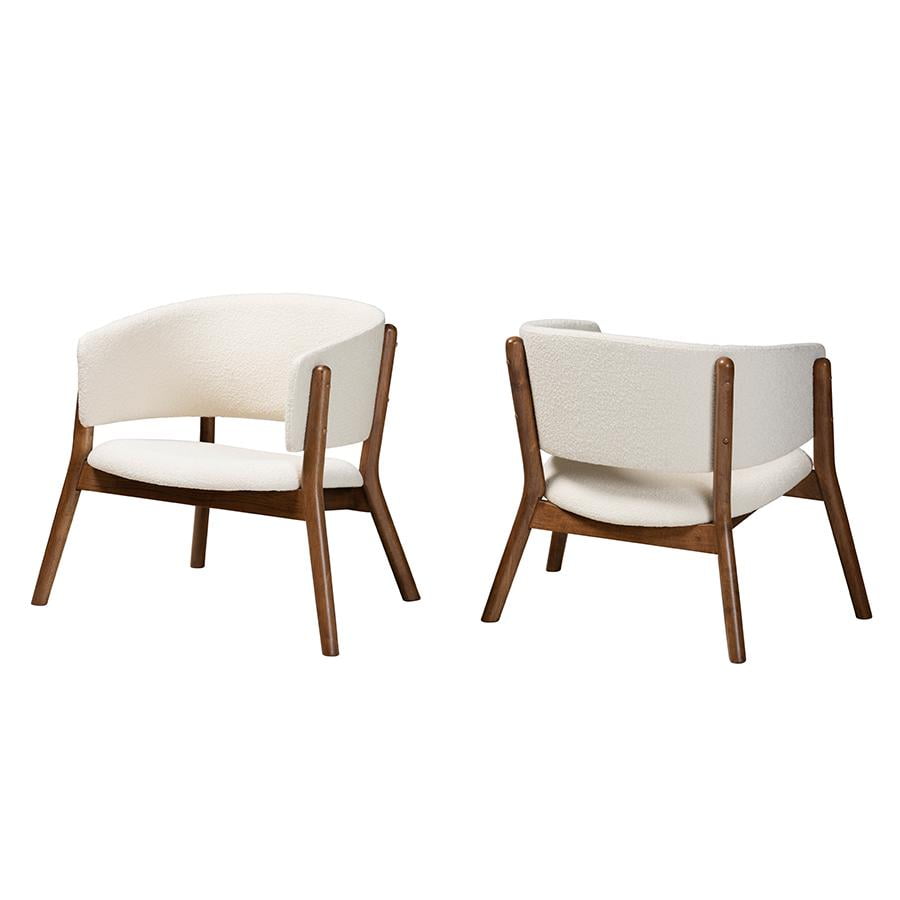 Cream Boucle and Walnut Wood Mid-Century Accent Chair