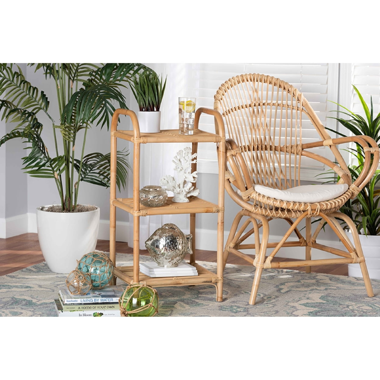 Natural Brown Rattan 3-Tier Étagère with Ergonomic Handles