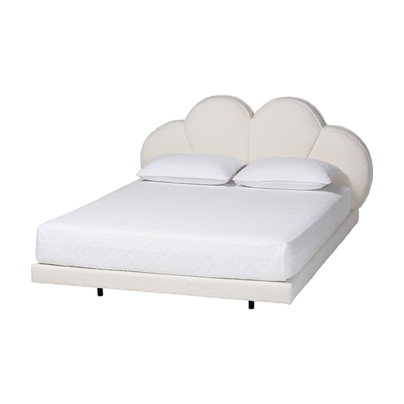 Baxton Studio Barrera Floating Platform Bed with Scalloped Headboard - Low Profile Minimalist Boucle Upholstered Bed Frame, Cream, King