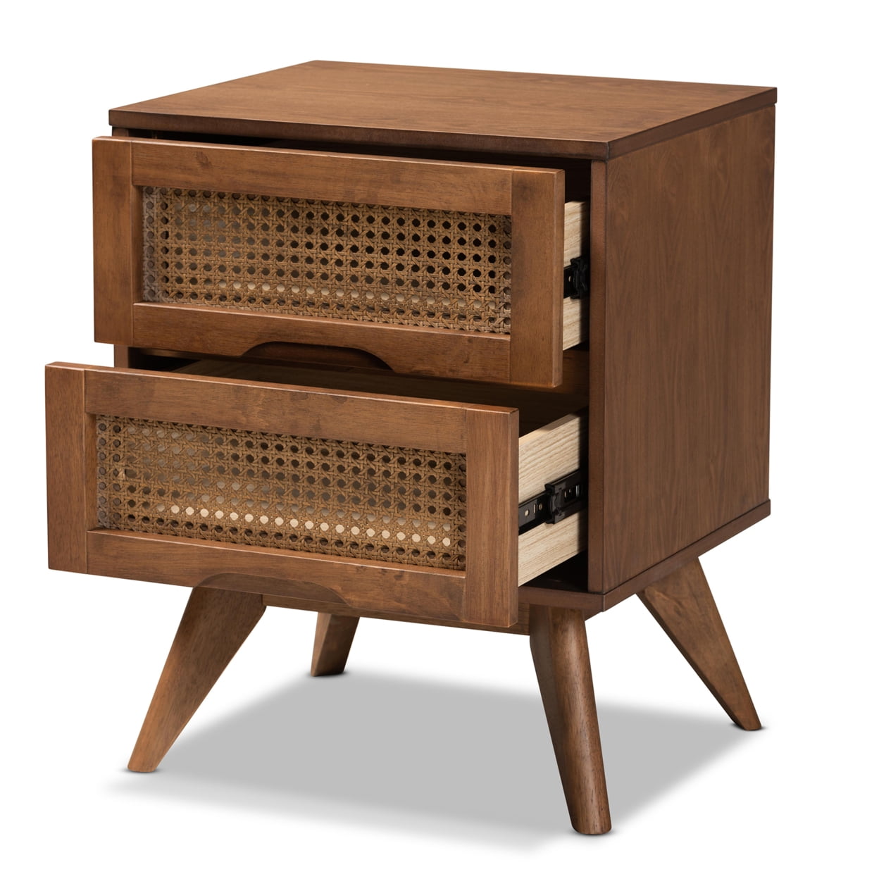 Walnut Brown Wood and Synthetic Rattan 2-Drawer Nightstand