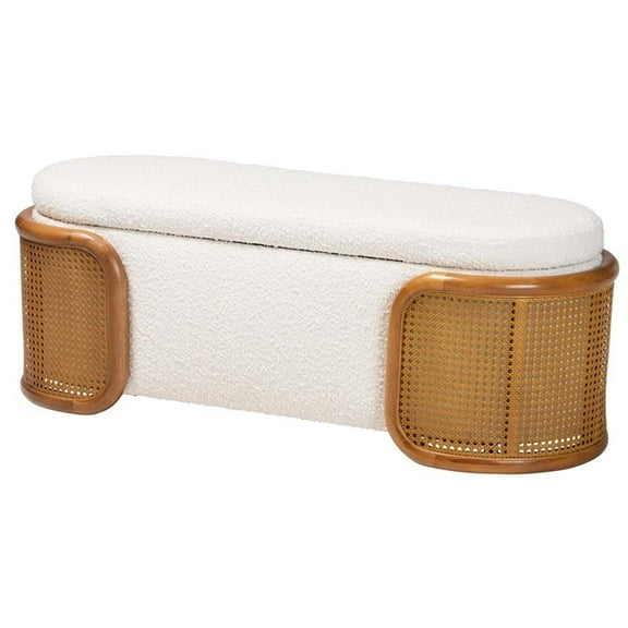 Baxton Studio Basira Cream Boucle Fabric Storage Bench with Woven Rattan
