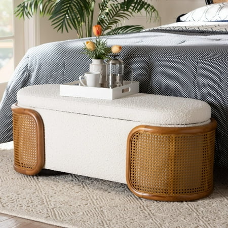 Baxton Studio Basira Japandi Cream Boucle Fabric Storage Bench with Woven Rattan