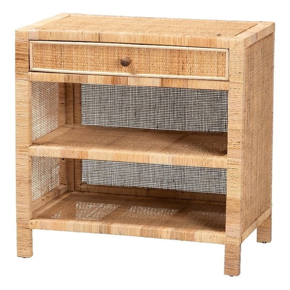 Baxton Studio Bella Modern Bohemian Natural Brown Mahogany Wood and Natural Rattan 1-Drawer Console Table
