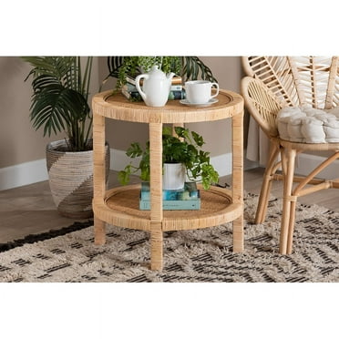 Baxton Studio Bella Modern Bohemian Natural Brown Mahogany Wood and Natural Rattan 2-Tier End Table