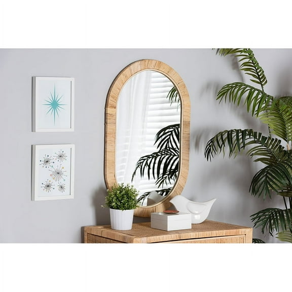 Baxton Studio Bella Modern Bohemian Natural Brown Mahognay Wood and Natural Rattan Oval Mirror