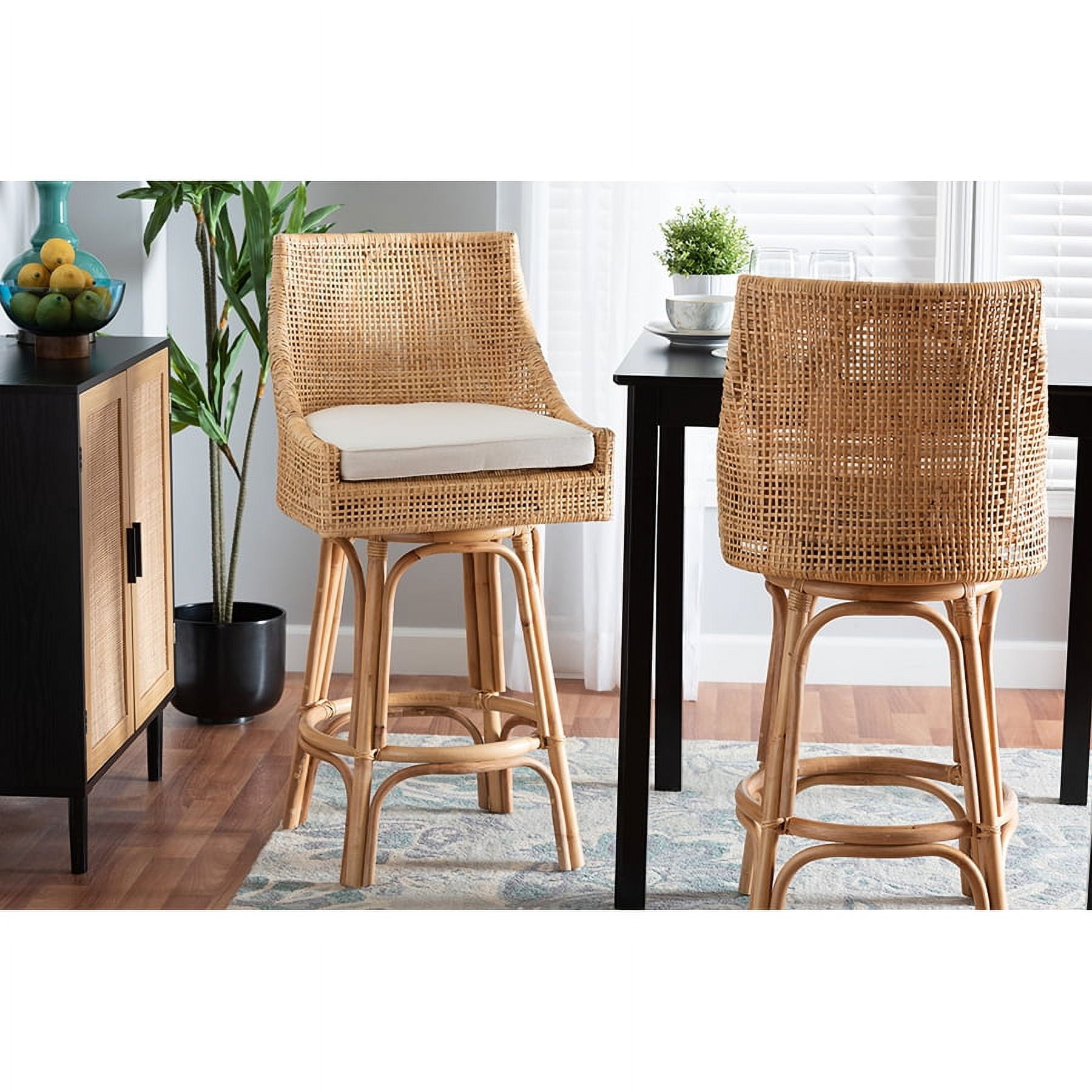Bella Natural Brown Rattan Swivel Bar Stool with Cushion