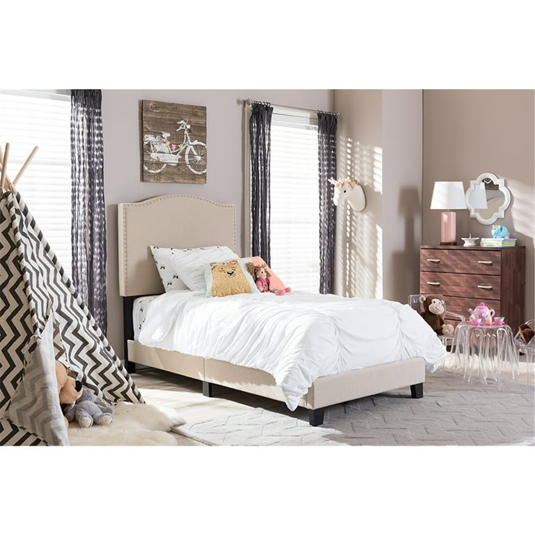 Baxton Studio Benjamin Modern and Contemporary Beige Linen Upholstered Twin Size Arched Bed with Nail Heads Baxton Studio Benjamin Modern and Contemporary Beige Linen Upholstered Twin Size Arched Bed with Nail Heads
