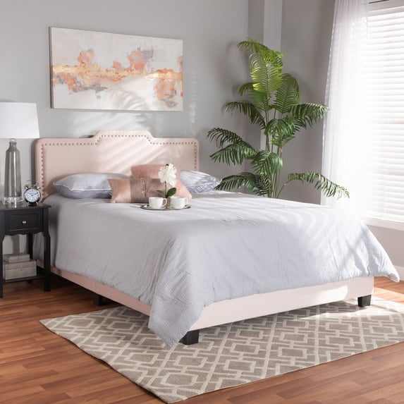 Baxton Studio Benjen Contemporary/Modern Velvet Back Support Panel Bed, Full, Light Pink/Black