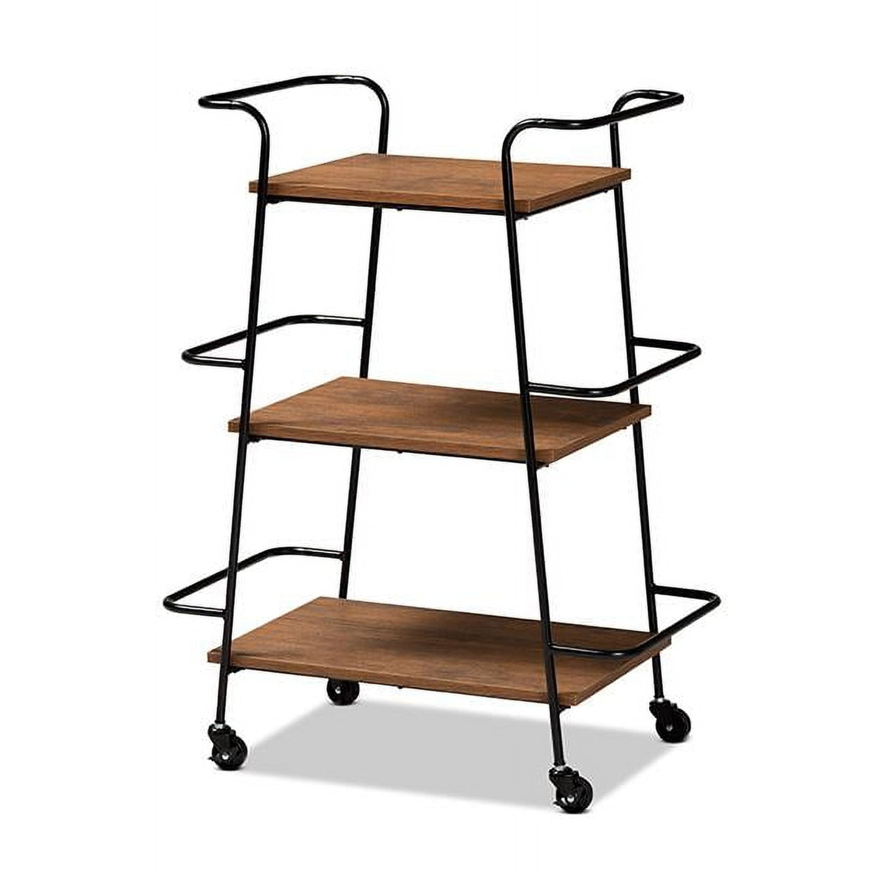 Bernard Rustic Industrial Black Metal & Walnut Wood Mobile Wine Cart