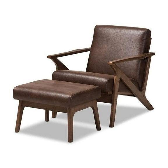Baxton Studio Bianca Mid-Century Modern Walnut Wood Dark Brown Distressed Faux Leather Lounge Chair And Ottoman Set