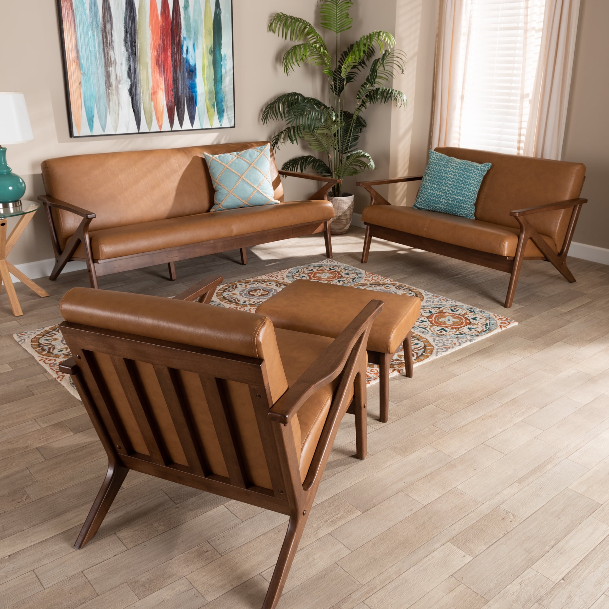 Baxton Studio Bianca Mid-Century Modern Walnut Brown Finished Wood and Tan Faux Leather Effect Sofa Baxton Studio Bianca Mid-Century Modern Walnut Brown Finished Wood and Tan Faux Leather Effect Sofa
