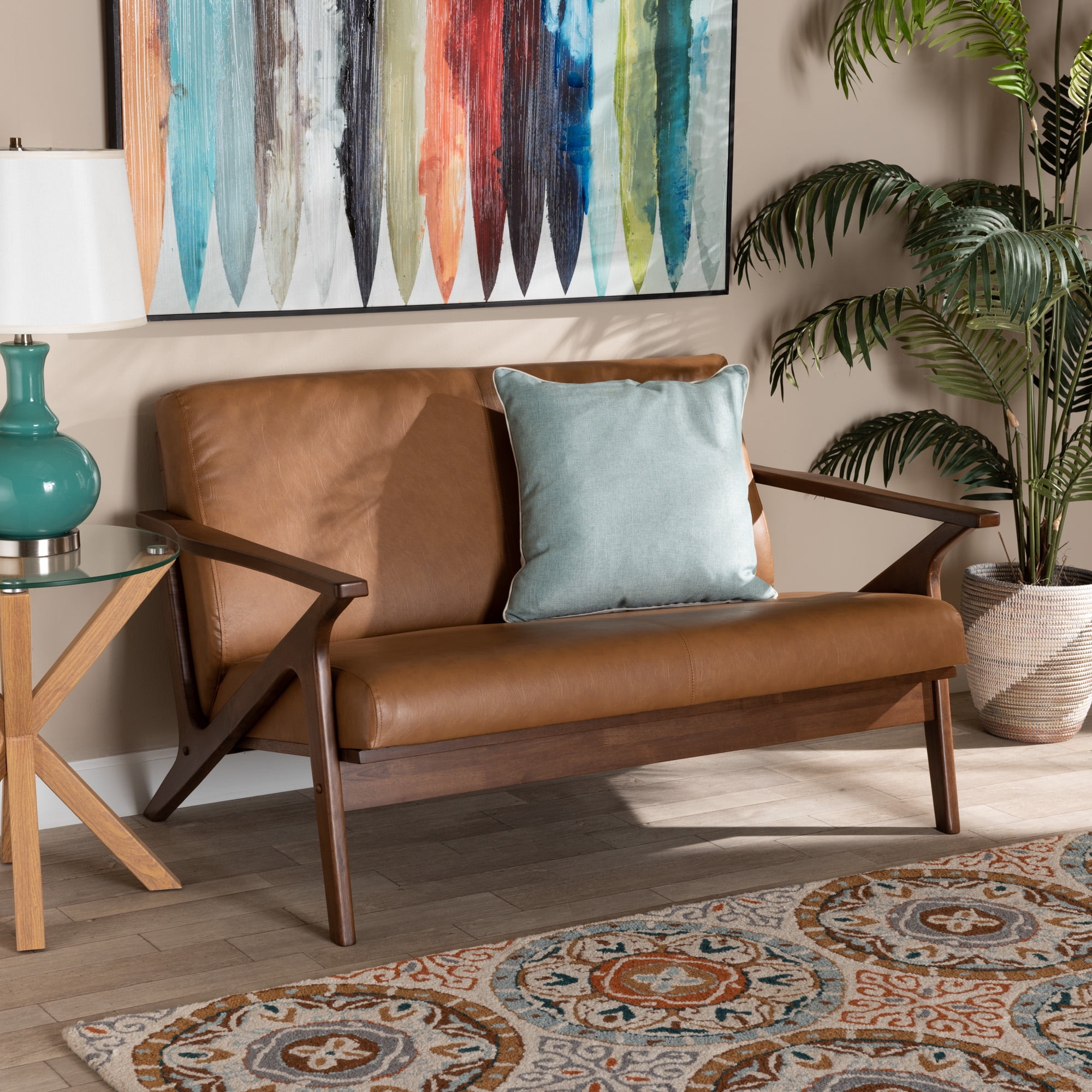 Baxton Studio Bianca Mid-Century Modern Walnut Wood Dark Brown Distressed Faux Leather 3-Seater Sofa