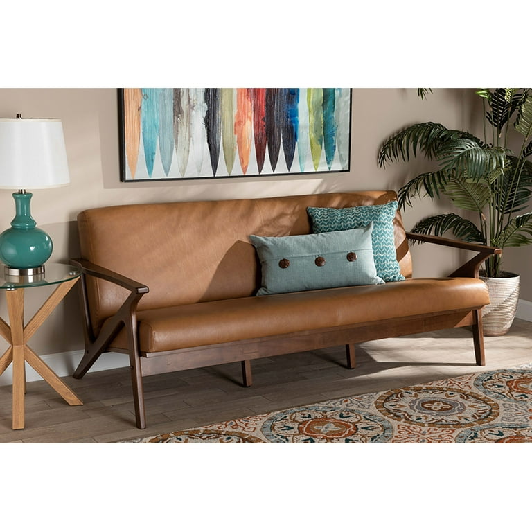 Baxton Studio Bianca Mid-Century Modern Walnut Brown Finished Wood and Tan Faux Leather Effect Sofa Baxton Studio Bianca Mid-Century Modern Walnut Brown Finished Wood and Tan Faux Leather Effect Sofa