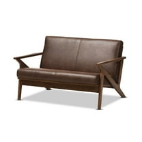 Baxton Studio Bianca Mid-Century Modern Walnut Wood Dark Brown Distressed Faux Leather 2-Seater Loveseat