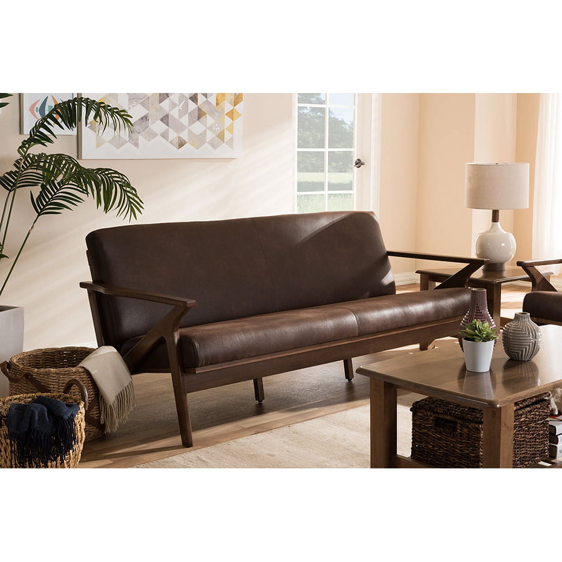 Baxton Studio Bianca Mid-Century Modern Walnut Wood Dark Brown Distressed Faux Leather Livingroom Sofa Set Baxton Studio Bianca Mid-Century Modern Walnut Wood Dark Brown Distressed Faux Leather Livingroom Sofa Set