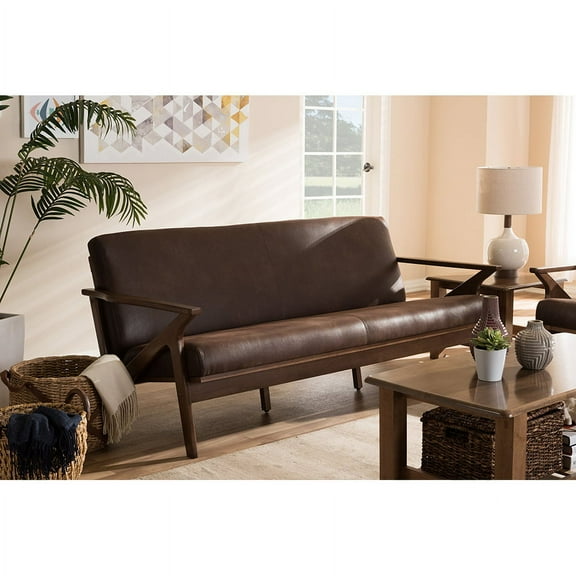 Baxton Studio Bianca Mid-Century Modern Walnut Wood Dark Brown Distressed Faux Leather 3-Seater Sofa