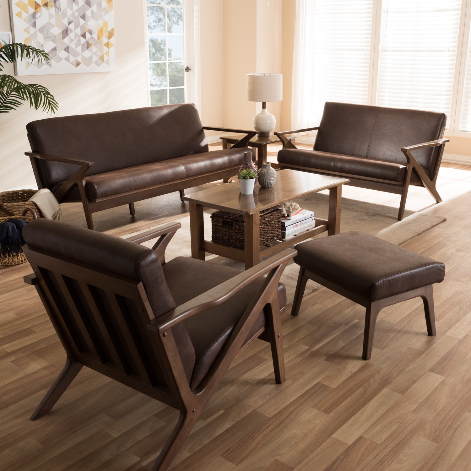 Bianca Mid-Century Walnut Wood Dark Brown Faux Leather Sofa Set