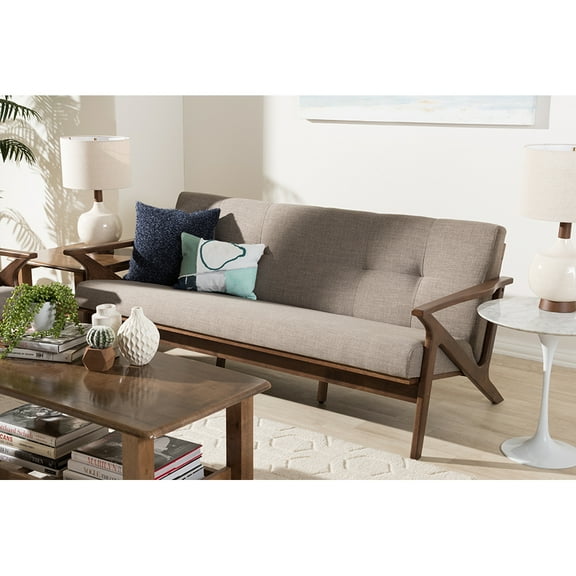 Baxton Studio Bianca Mid-Century Modern Walnut Wood Light Grey Fabric Tufted 3-Seater Sofa