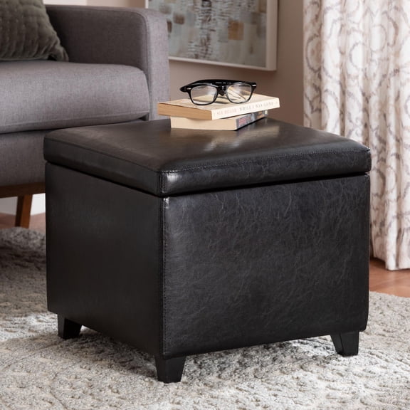 Baxton Studio Black Full Leather Small Storage Cube Ottoman