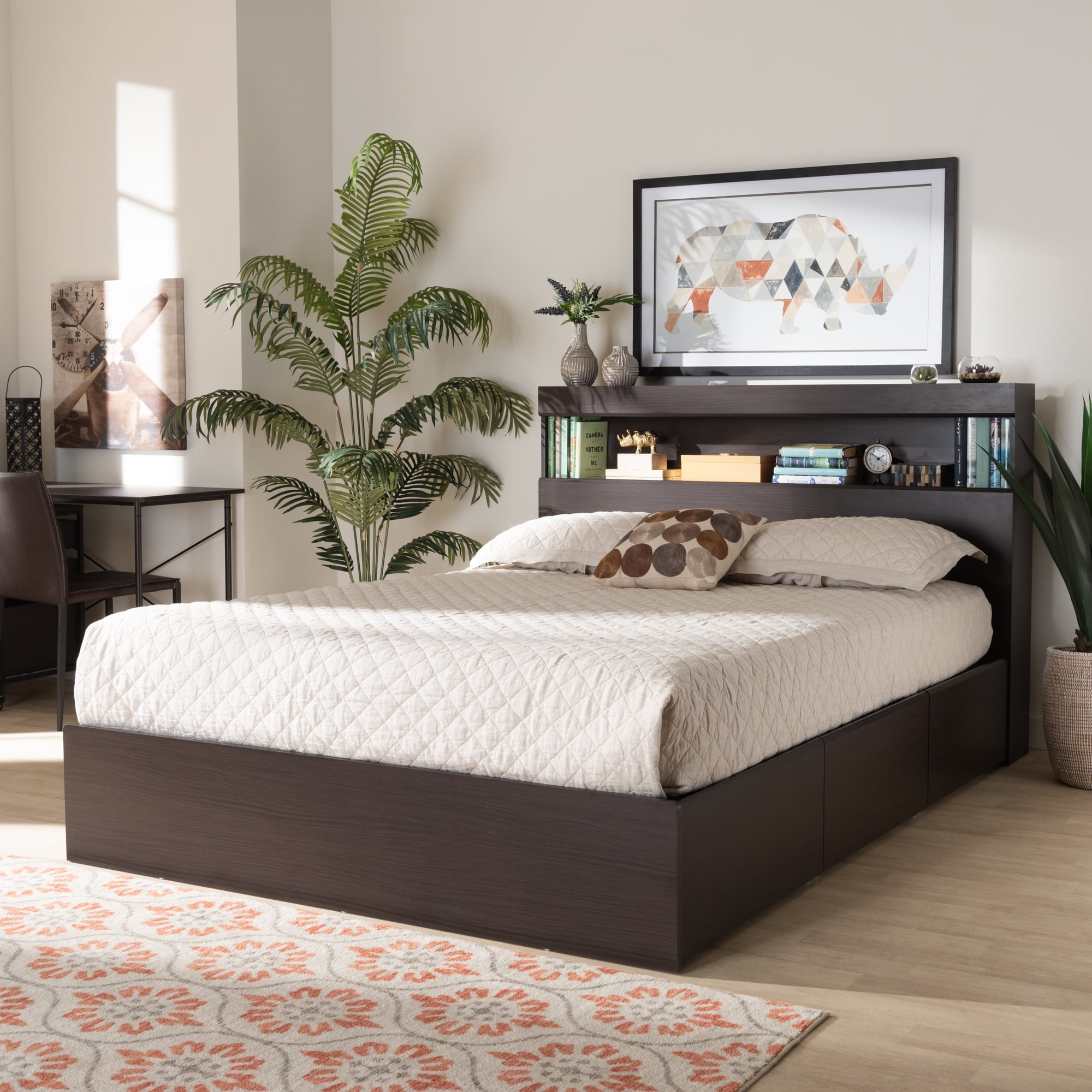 Queen Dark Brown Wood 6-Drawer Platform Storage Bed