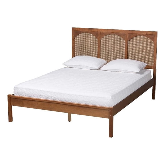 Baxton Studio Blossom Ash Walnut Wood and Rattan Queen Size Platform Bed