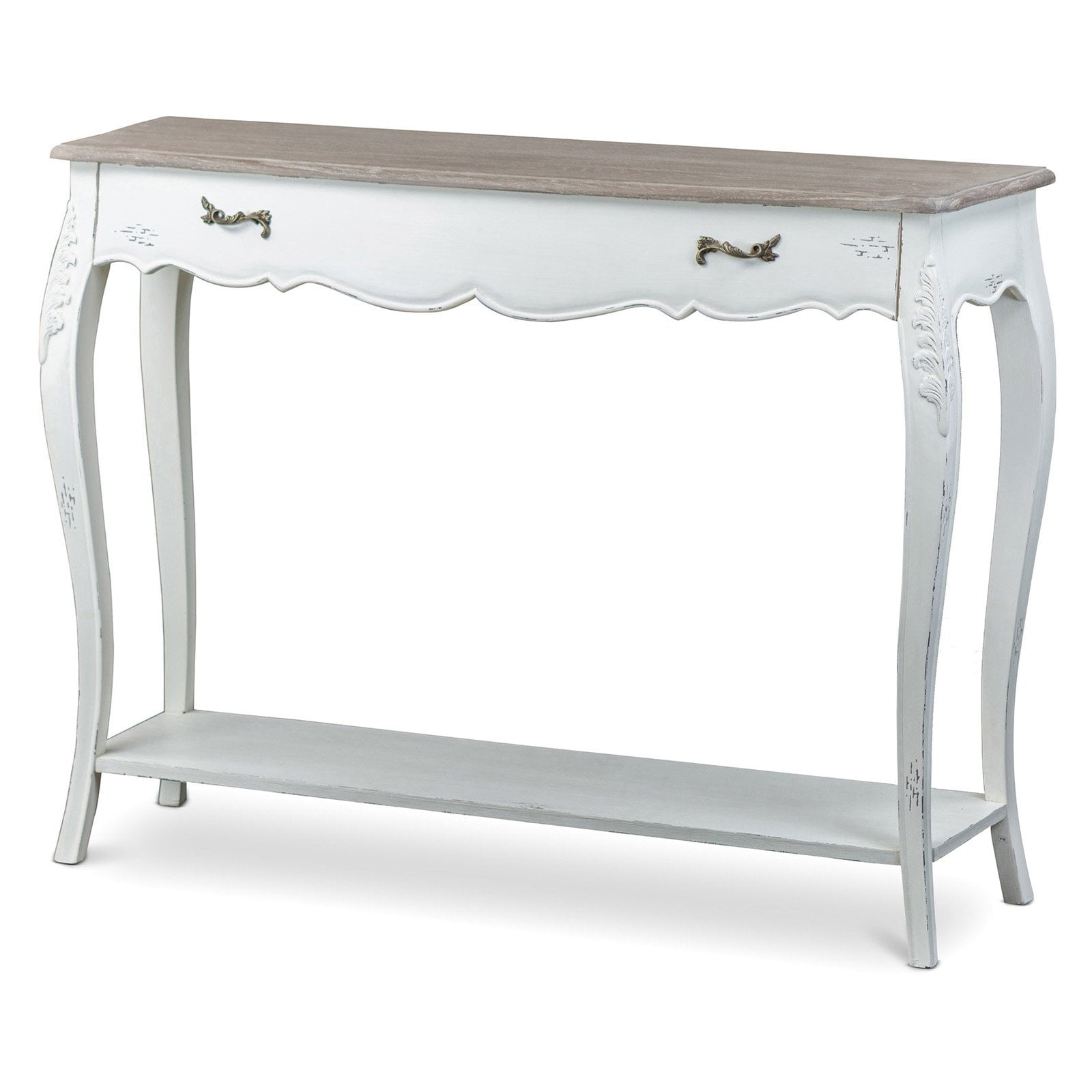 Distressed White and Natural Wood Console Table with Storage