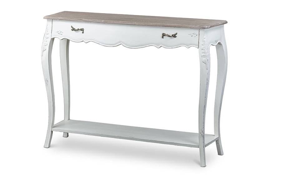Distressed White and Natural Wood Console Table with Storage