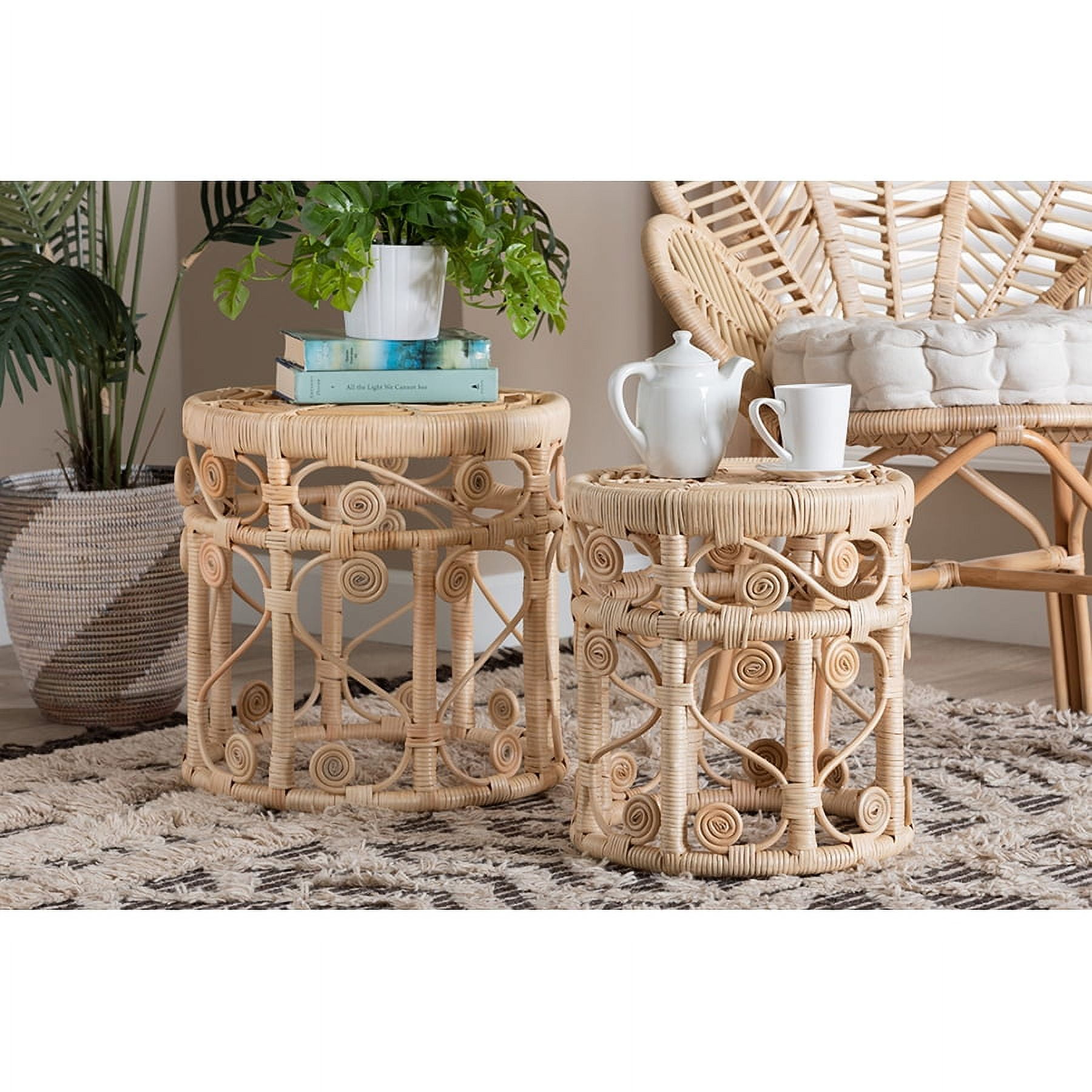 Natural Brown Rattan Round Bohemian 2-Piece Nesting Tables