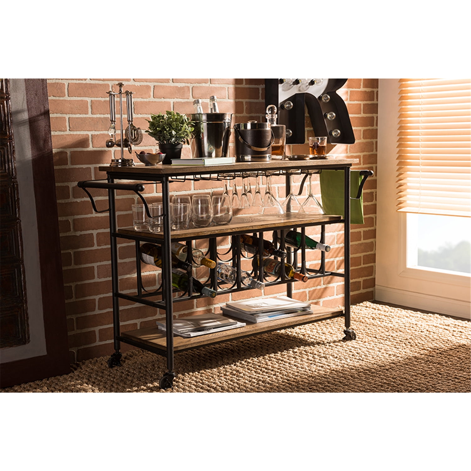 Antique Black & Weathered Oak Mobile Bar Cart with Wine Rack and Storage