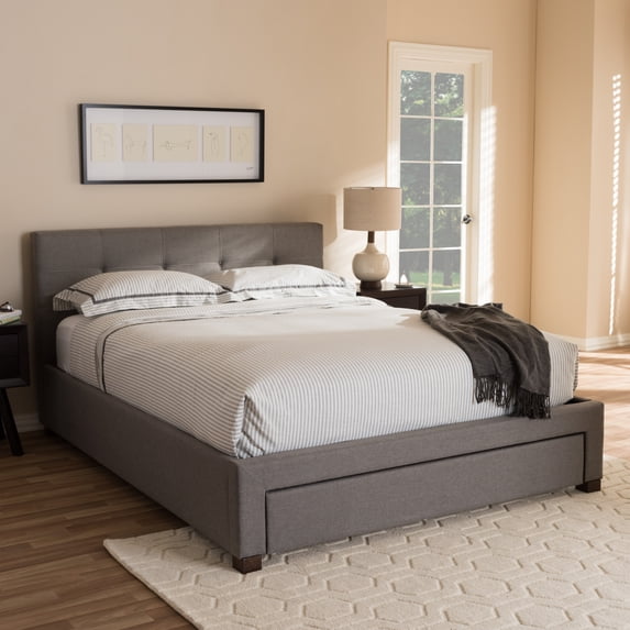Baxton Studio Brandy Modern and Contemporary Grey Fabric Upholstered Platform Bed with Storage Drawer, Multiple Sizes