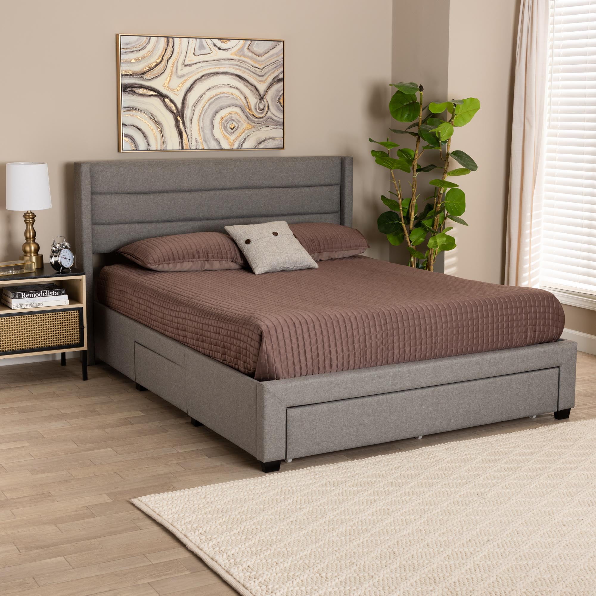 Baxton Studio Braylon Mid-Century Modern Transitional Light Grey Fabric and Dark Brown Finished Wood Full Size 3-Drawer Storage Platform Bed