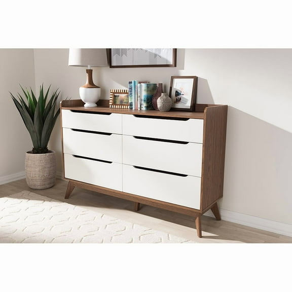 Baxton Studio Brighton 6 Drawer Double Dresser in White and Walnut