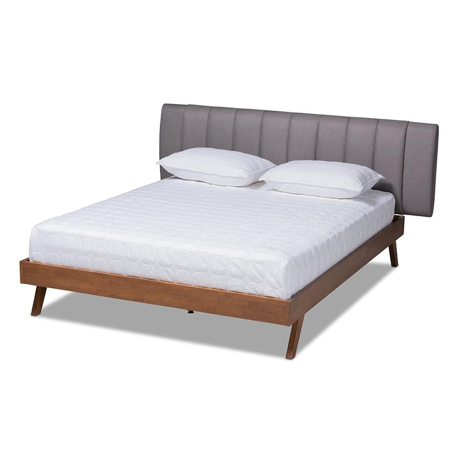King Size Gray Upholstered Walnut Wood Bed with Tufted Headboard