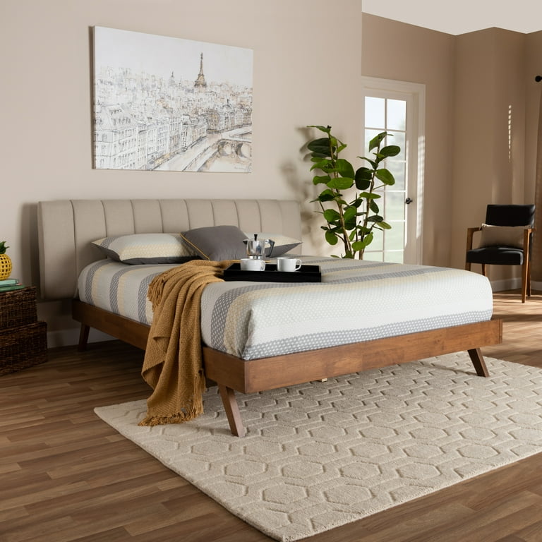 Baxton Studio Brita Mid-Century Modern Grey Fabric Upholstered Walnut Finished Wood Queen Size Bed Baxton Studio Brita Mid-Century Modern Grey Fabric Upholstered Walnut Finished Wood Queen Size Bed