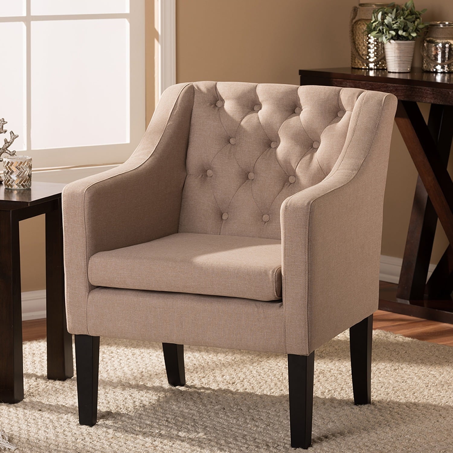 Beige Tufted Linen Accent Chair with Black Wood Legs