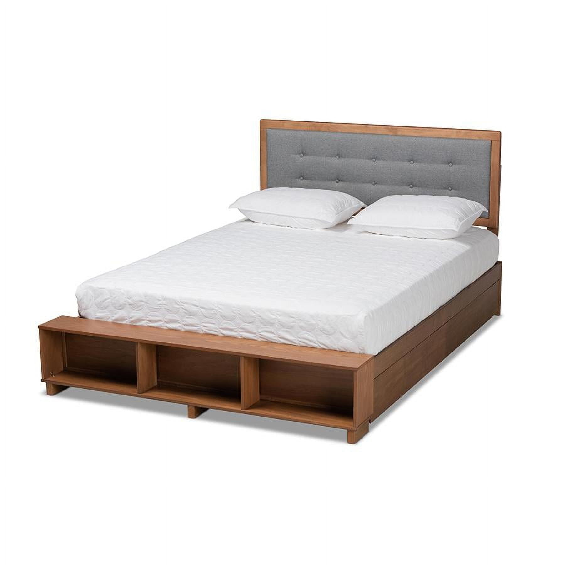 Walnut Queen Platform Bed with Gray Upholstered Headboard and Storage Drawers