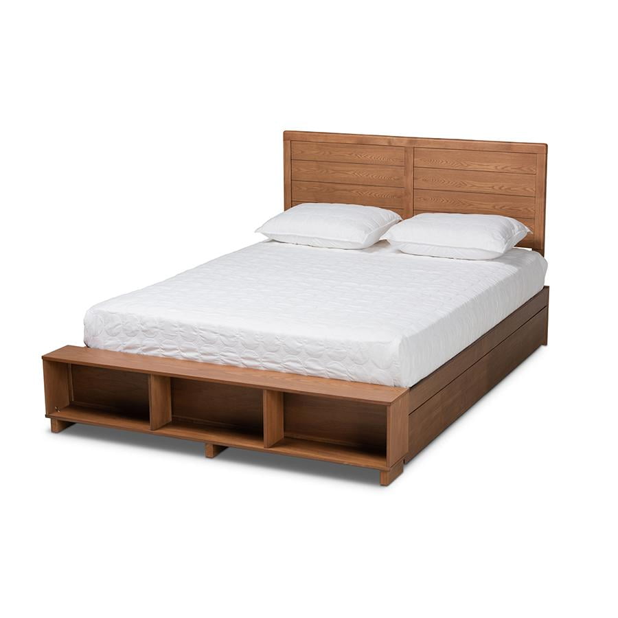 Full Size Ash Walnut Wood Storage Bed with Headboard and Drawers
