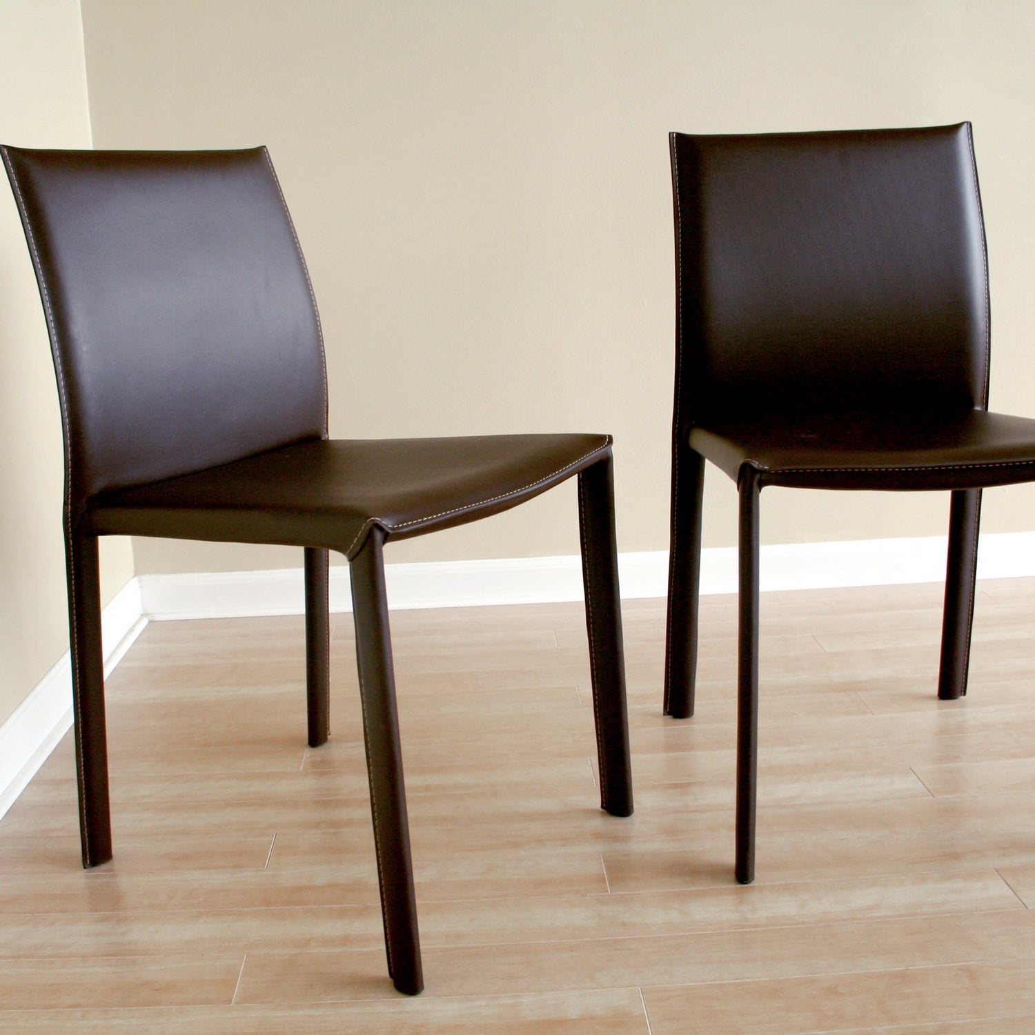 Brown Leather Upholstered Parsons Side Chair with Metal Frame, Set of 2