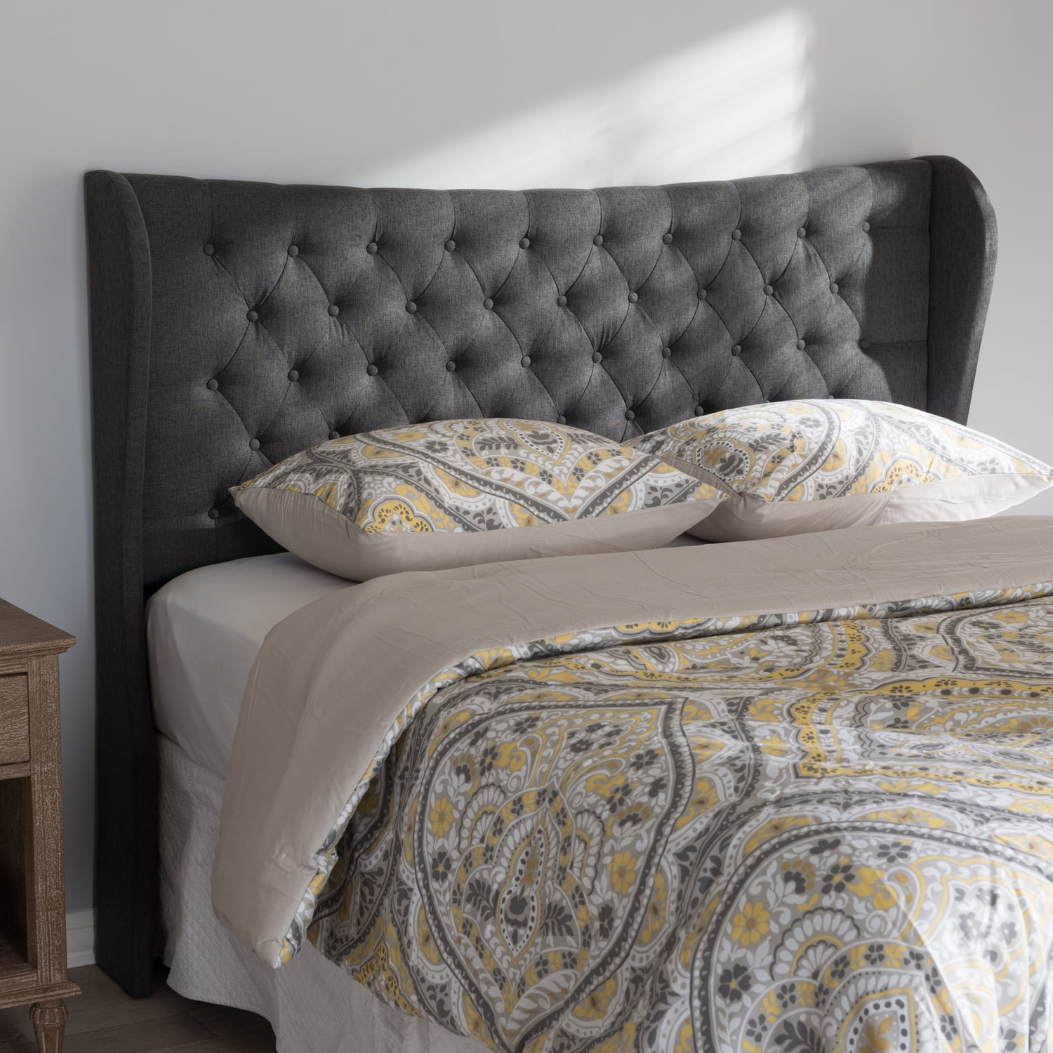 Baxton Studio Cadence Modern and Contemporary Dark Grey Fabric Button-Tufted King Size Winged Headboard,Wholesale