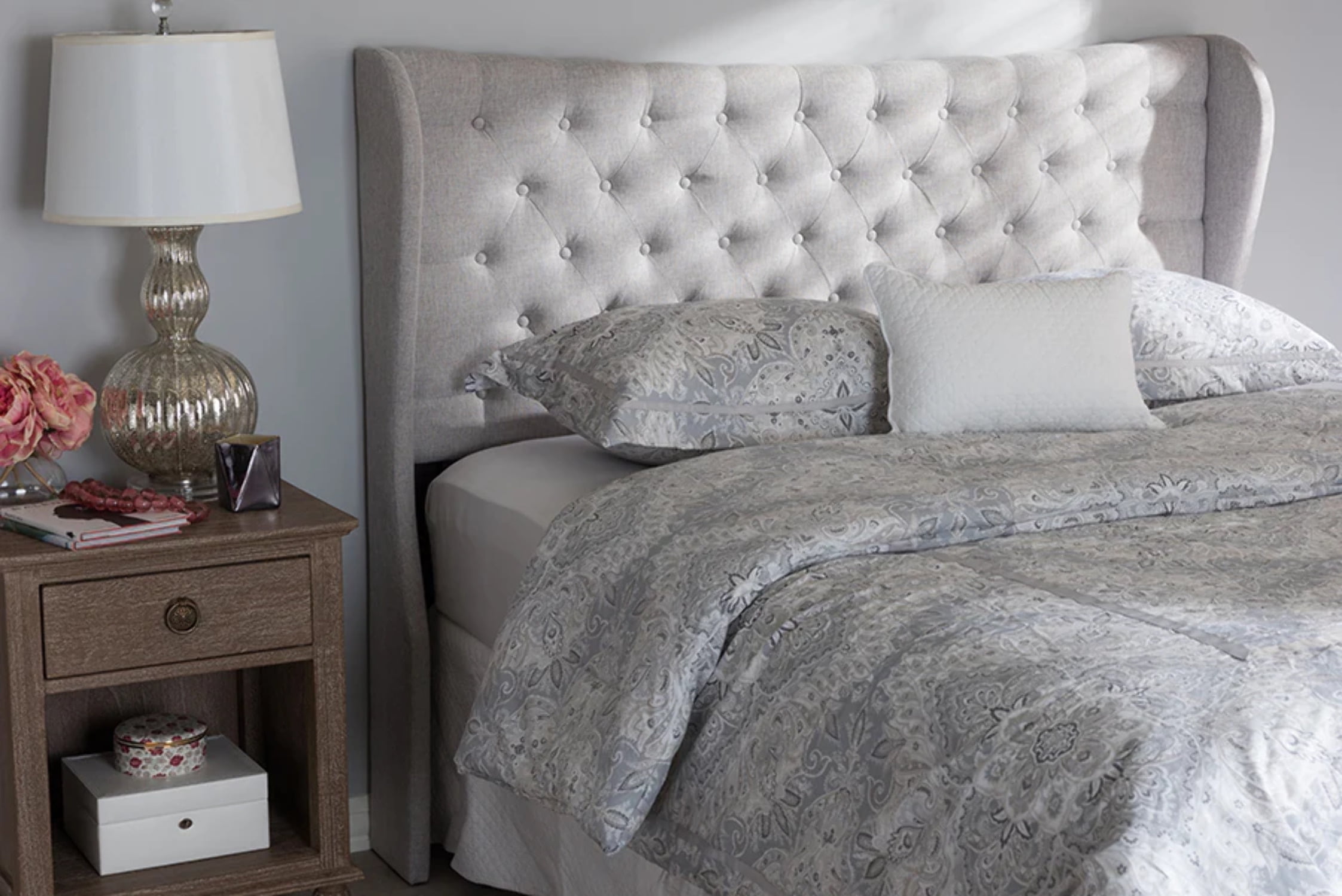 Cadence Beige Leather Tufted King Headboard with Winged Design