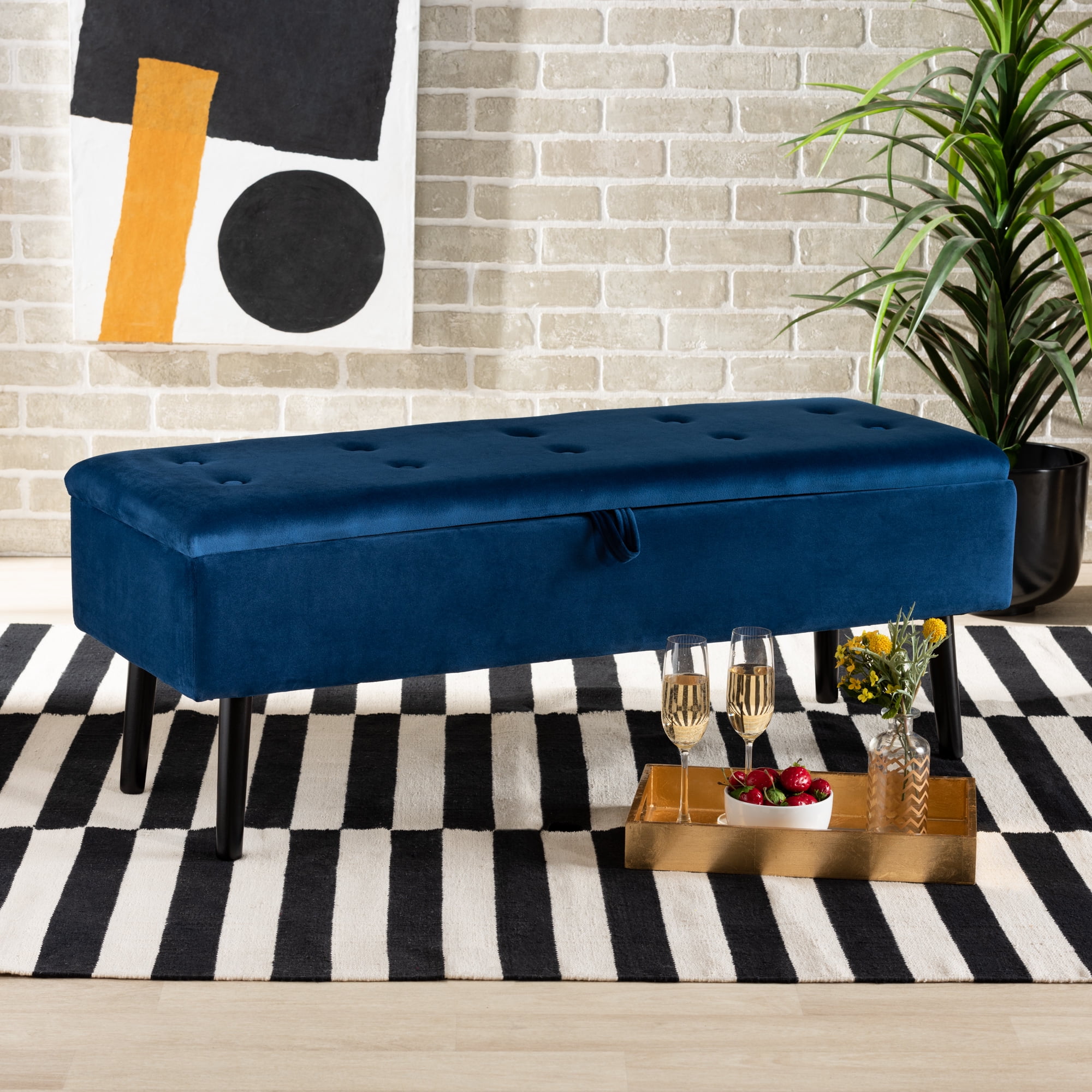 Baxton Studio Caine Upholstered & Tufted Bench, Navy Blue