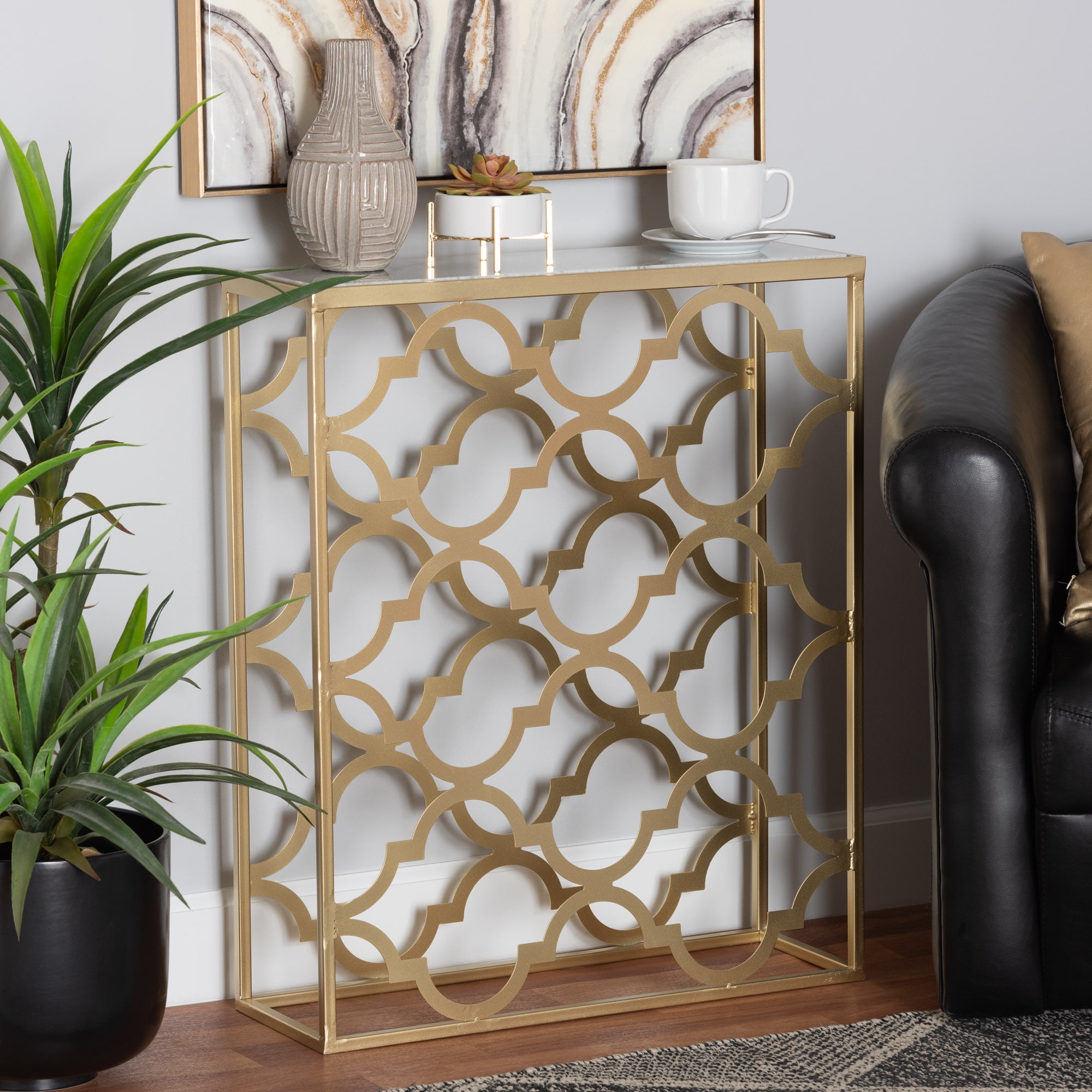 Baxton Studio Calanthe Modern Metal and Marble Top Console Table, Gold