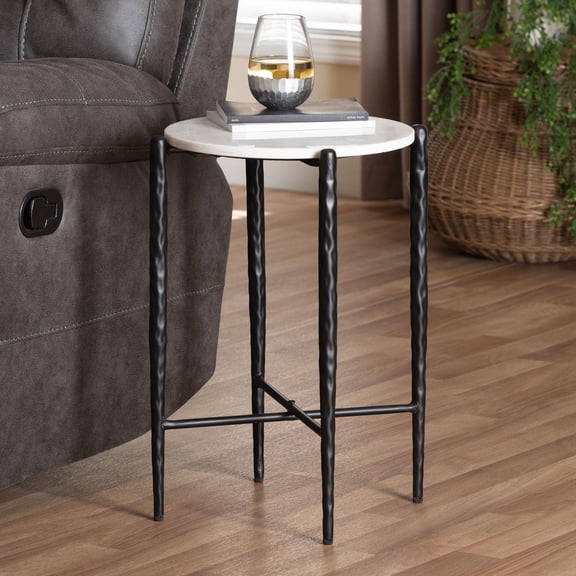 Baxton Studio Caledon Marble Side Table - Modern Rustic Accent Table with Hand-Forged Metal Frame for Living Room or Seating Areas, Round