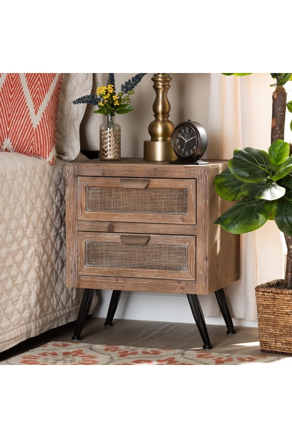 Calida Mid-Century Modern Whitewashed Natural Brown Finished Wood and Rattan 2-Drawer End Table