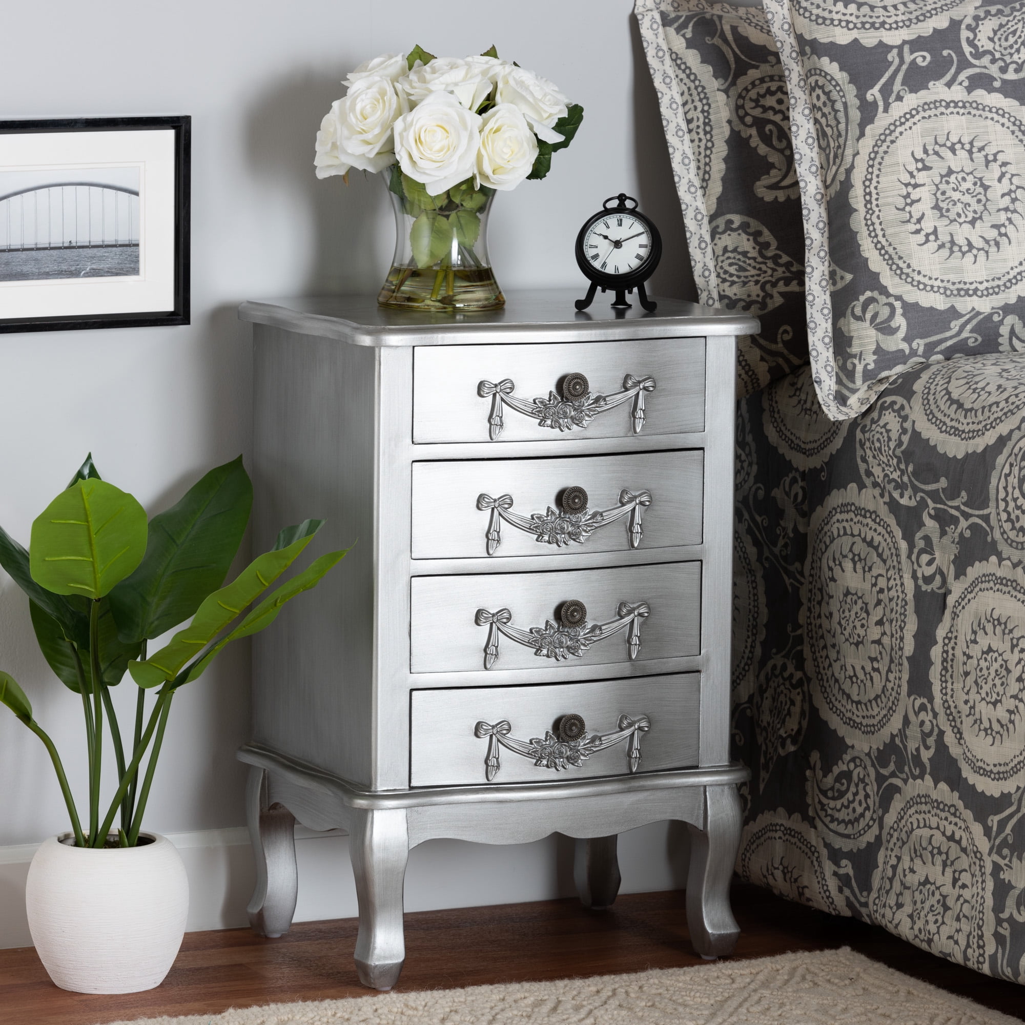 Baxton Studio Callen Classic and Traditional Brushed Silver Finished Wood 4-Drawer End Table