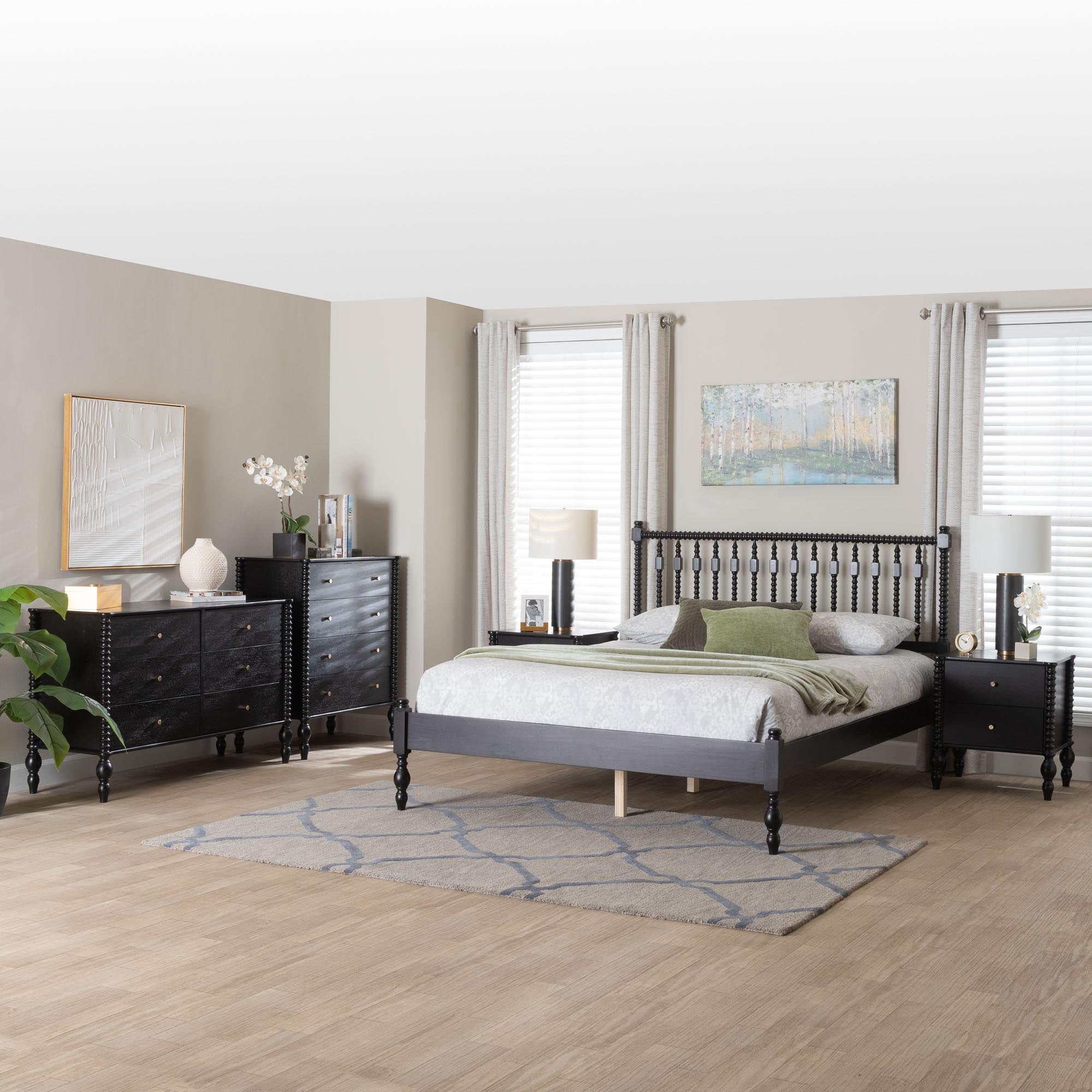 Baxton Studio Callison Farmhouse Bedroom Set, Full, 5-Piece, Black