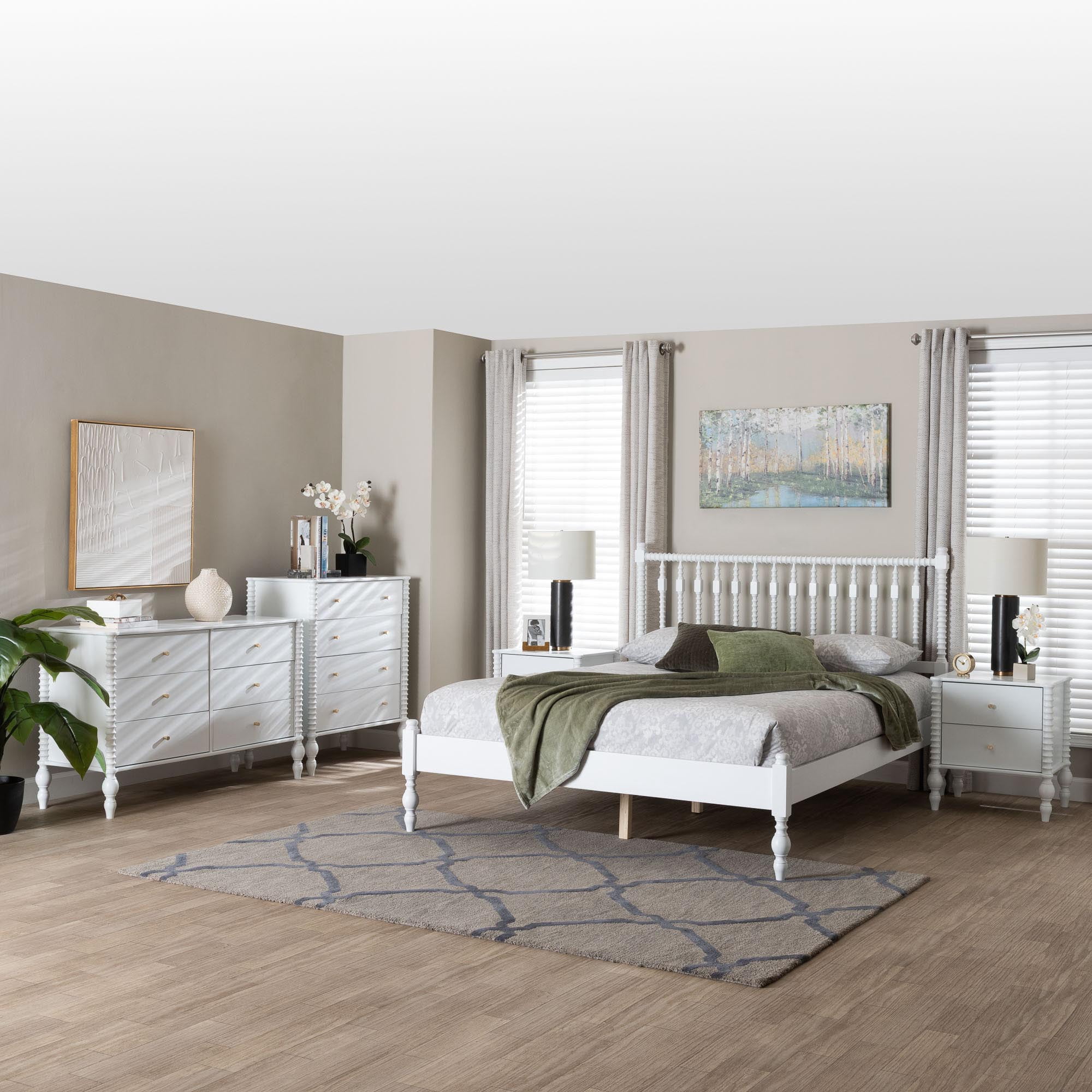 Baxton Studio Callison Farmhouse Bedroom Set, Queen, 5-Piece, White