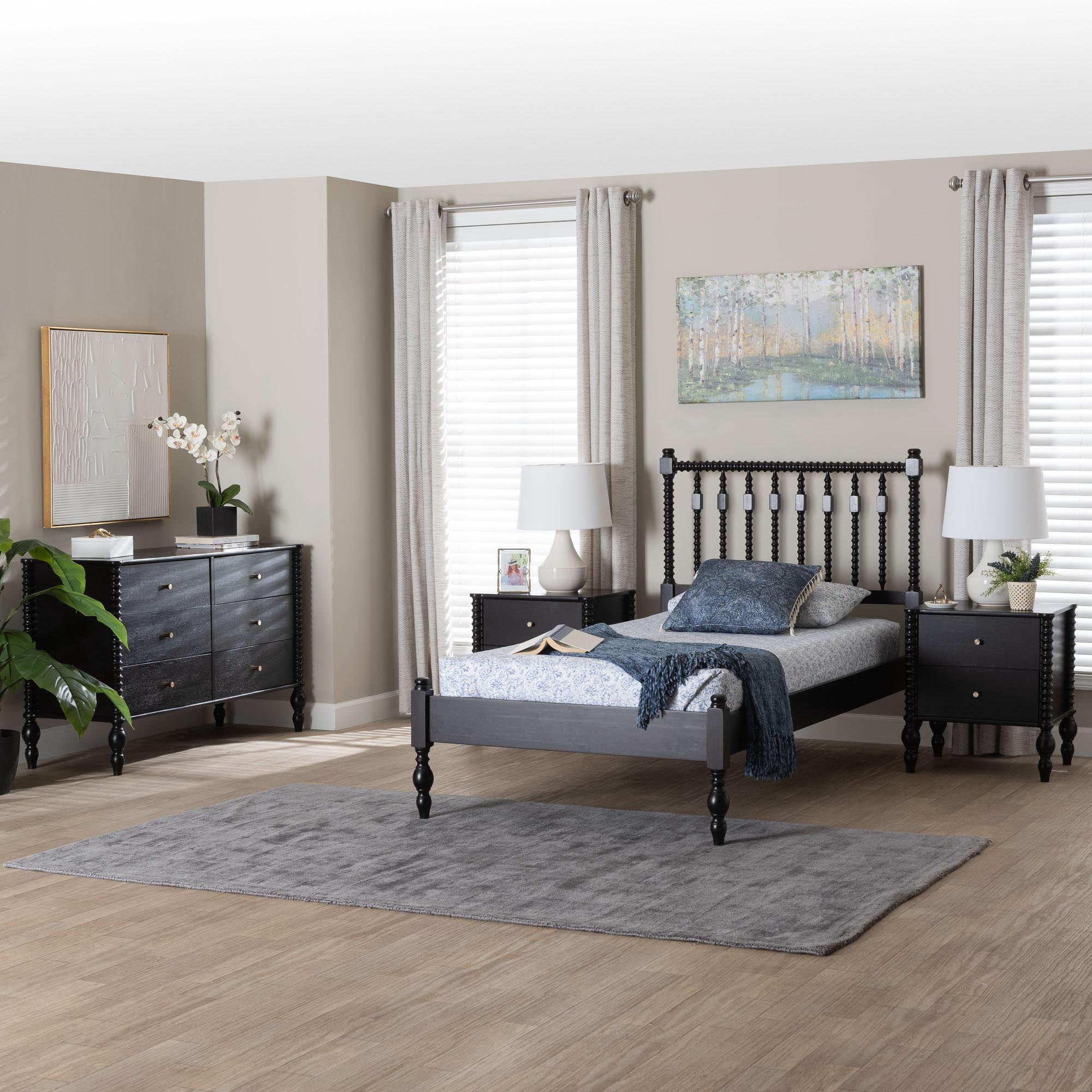 Baxton Studio Callison Farmhouse Bedroom Set, Twin, 4-Piece, Black